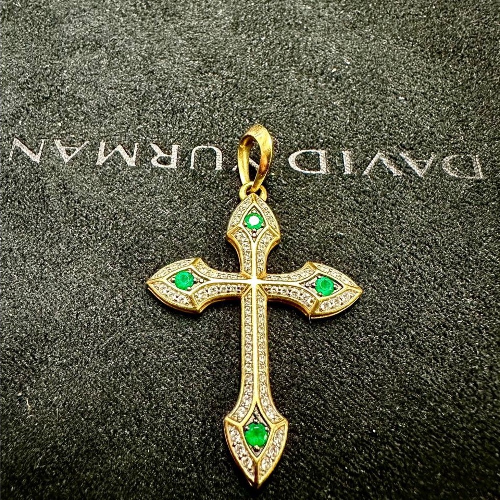 David Yurman Gold Cross Pendant with Green Stones and Pavé Diamonds - Picture 2 of 2